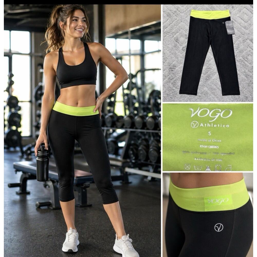 VOGO Athletica Leggings Womens S Black Neon Green Capri Crop Yoga Workout NWT